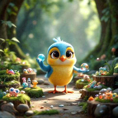 The primary subject of the image is a small, colorful bird with a blue head and yellow body. The bird is standing on a path surrounded by various small toys, including eggs and other bird figurines. The setting appears to be a forest, with trees and plants visible in the background. The visual style of the image is a combination of photo and digital art, creating a vibrant and lively atmosphere. The colors and mood of the image are predominantly bright and cheerful, with the bird and toys adding a